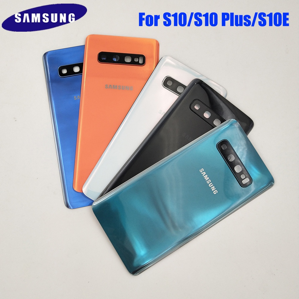 SAMSUNG Galaxy S10 SM-G973F S10+ Plus SM-G975F S10e G970F ฝาหลังแบตเตอรี่กระจกด้านหลังแผงประตู + เลนส์กล้อง