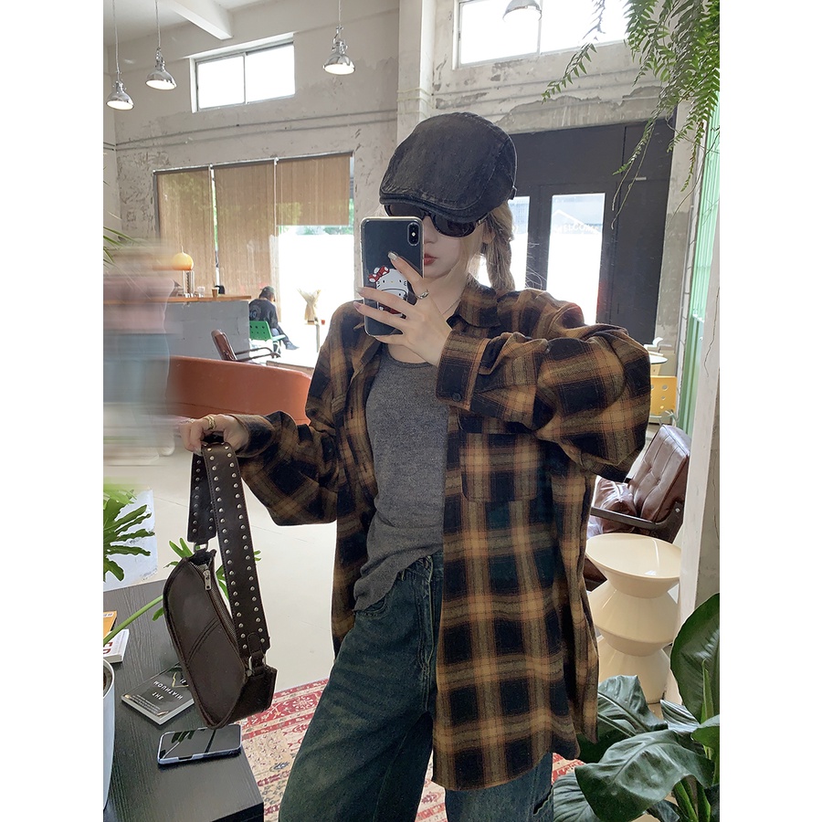 ซูซี สไตล์เกาหลีฤดูใบไม้ร่วงวินเทจลายสก๊อตหลวมคอปกแขนยาวเสื้อผู้หญิงด้านบน