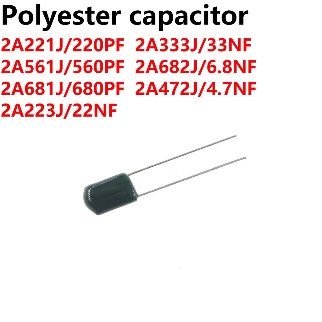 200/100pcs ตัวเก็บประจุฟิล์มโพลีเอสเตอร์ 100V 630V 2a202 2a472j 2a104 2j103 2j222 2a561 2a223 2a103 