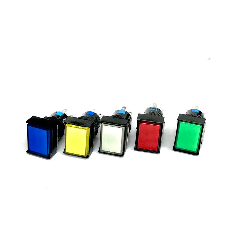 Switch สวิตช์ 16mm หน้าเหลี่ยมผื่นผ้า กดติด ปล่อยดับ 5ขา มีไฟ 12V,24v,220v