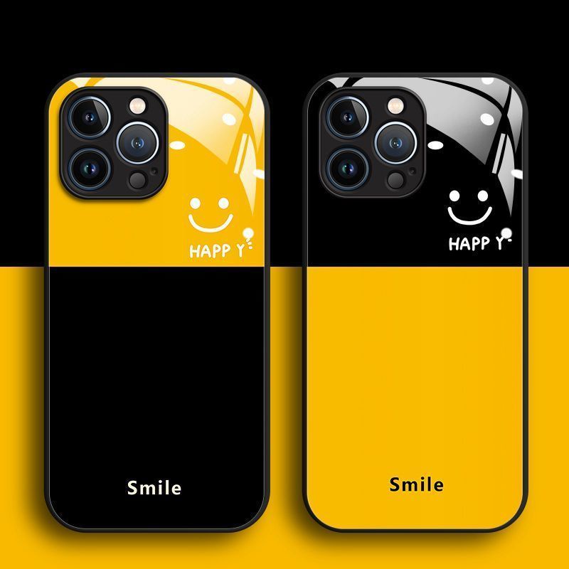 เคสโทรศัพท์มือถือกระจก ลายหน้ายิ้ม สีเหลือง และสีดํา สําหรับ IPhone 15pro 14plus 13pro 12 11promax 7 8plus Xsmax Xr