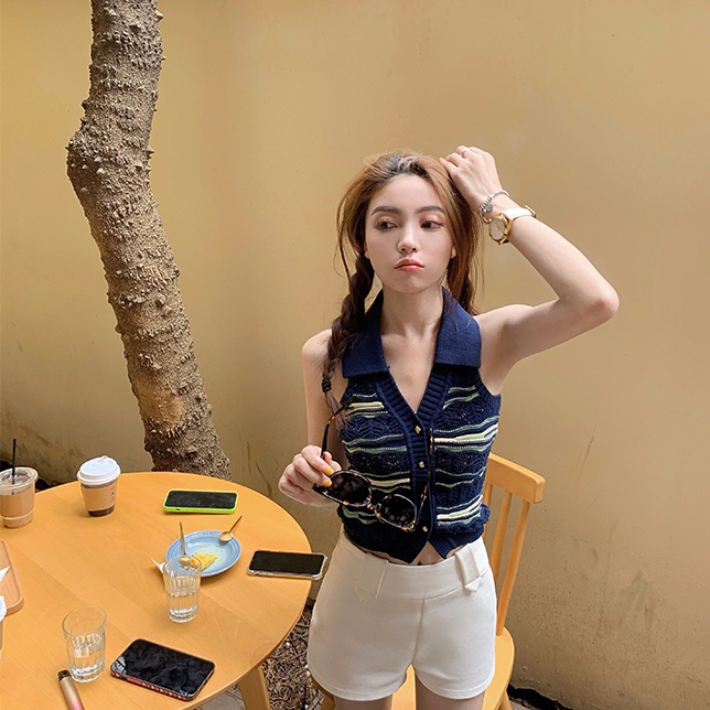 Xiao DoggyQin เสื้อกั๊กแขนกุด คอวี ผ้าถัก ฉลุลาย เหมาะกับฤดูร้อน สําหรับผู้หญิง MZCJ