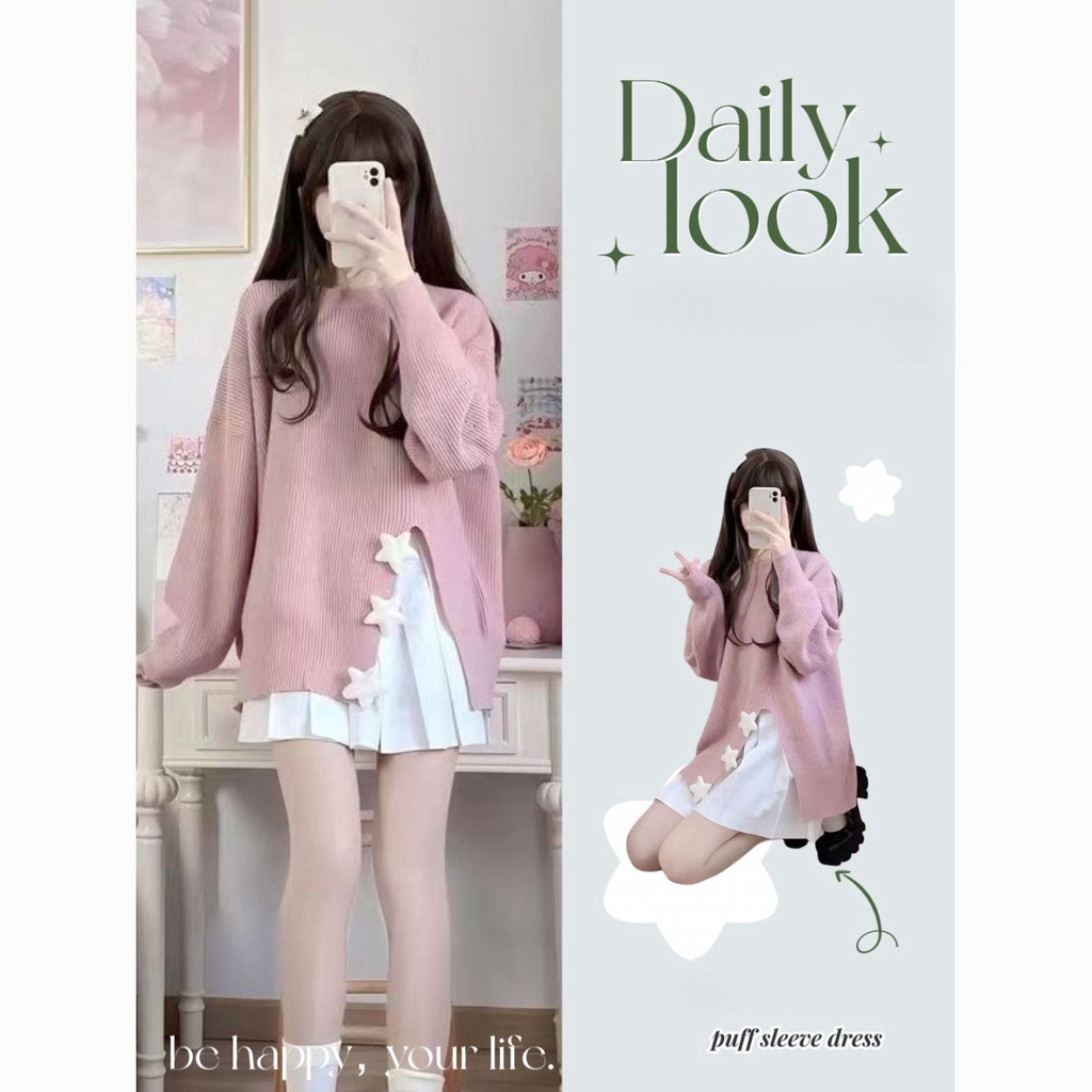 ชุดเซท2ชิ้น สีชมพูหวาน เสื้อสเวตเตอร์ดาวสีชมพู+สีขาวกระโปรงเทนนิส ทรงหลวม ใส่สบาย แฟชั่นสไตล์เกาหลี(ขายแยก)