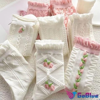 GoBlue ถุงเท้าลายดอกไม้ แฟชั่นโลลิต้า วัสดุผ้าฝ้ายโพลีเอสเตอร์ สไตล์ญี่ปุ่น Women socks