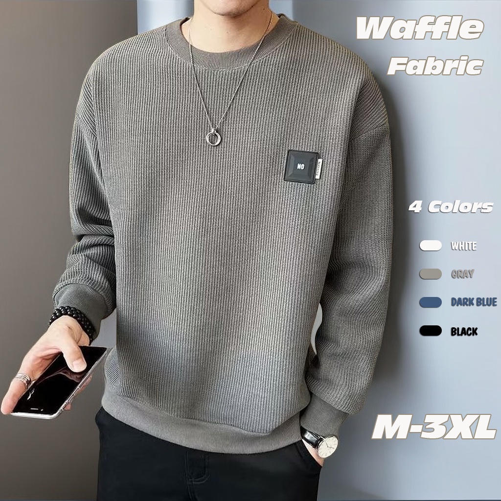 เสื้อกันหนาวคอกลมผู้ชาย เสื้อกันหนาวแขนยาว คอกลม ทรงหลวม ลายวาฟเฟิล สําหรับผู้ชาย