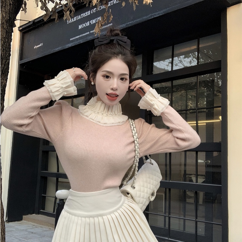 JUNNOVGAL เสื้อกันหนาวผู้หญิงสีตัดกันลําลองสไตล์ใหม่ Slim Fit แขนยาวคอเต่า