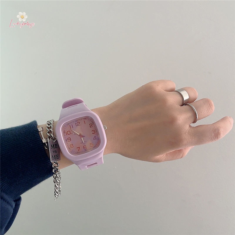 Luckybabys> นาฬิกาข้อมือดิจิทัล สายซิลิโคน ทรงสี่เหลี่ยม แฟชั่นเกาหลี สําหรับผู้หญิง นักเรียน