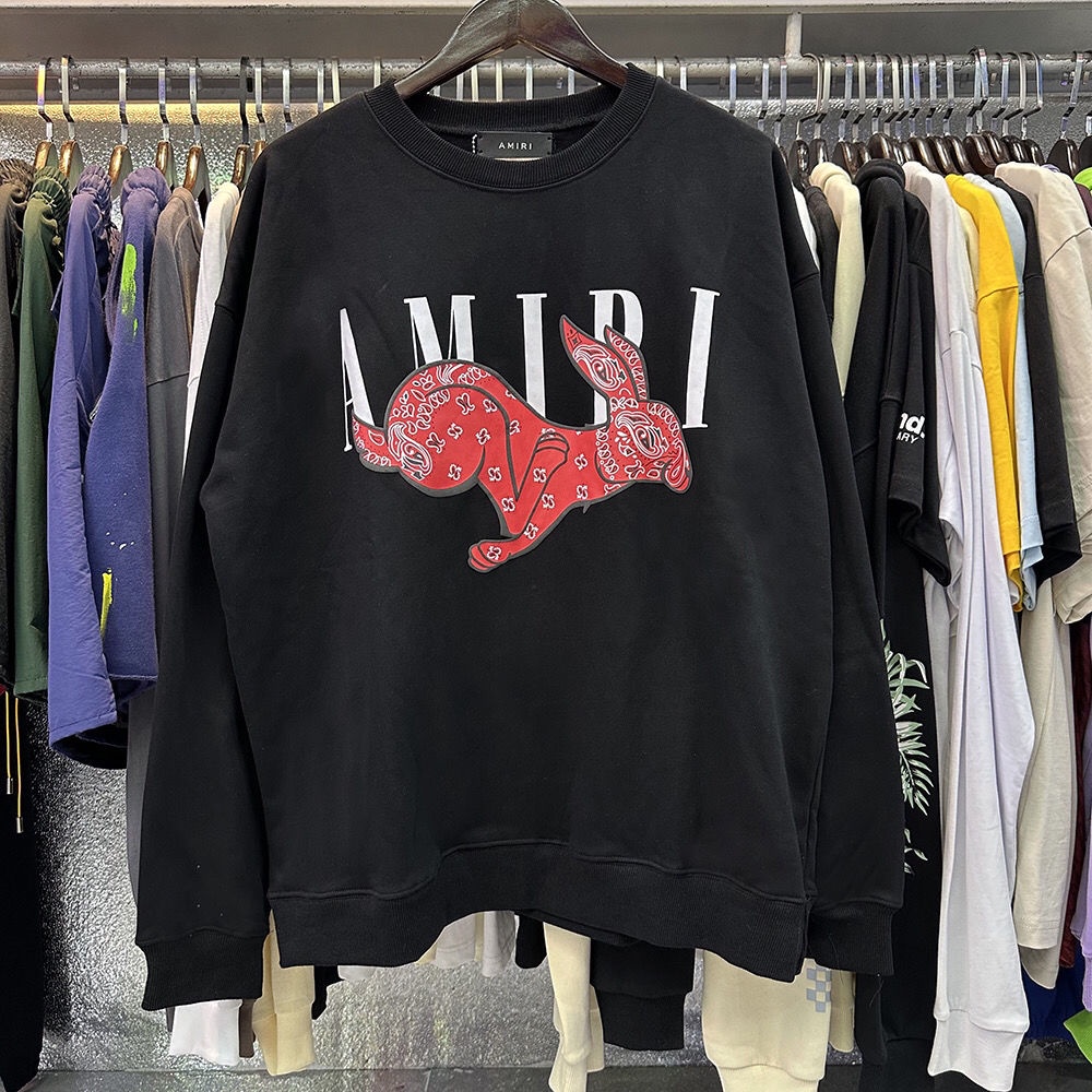 ((ผ้าฝ้ายแท้) เสื้อกันหนาวลําลอง คอกลม พิมพ์ลายกระต่าย Amiri ทรงหลวม แฟชั่นฤดูใบไม้ร่วง สําหรับผู้ชา