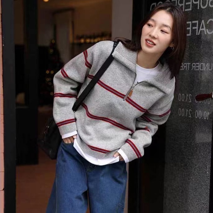 เสื้อกันหนาว แฟชั่น สถาบันการศึกษา สไตล์ลายตัดกันฤดูใบไม้ร่วงใหม่อเนกประสงค์ครึ่งซิปพลิกปก