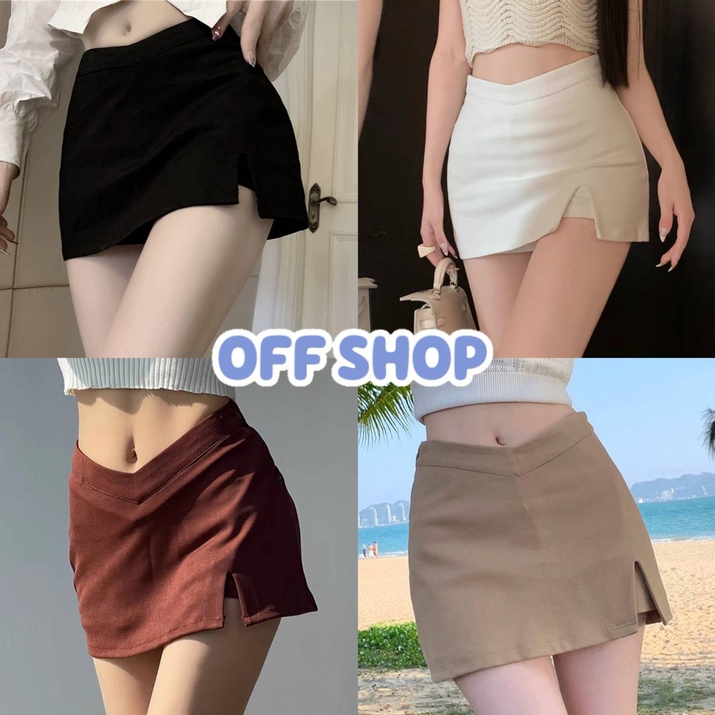 OFF SHOP พร้อมส่ง (OFF-7315) กระโปรงขาสั้น เอววี ดีเทลซิปรูดด้านขวา แหวกซ้าย