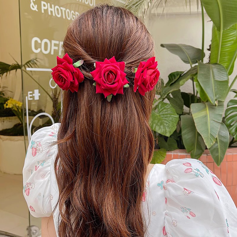 กิ๊บติดผมหน้าม้า รูปดอกกุหลาบ สีแดง สไตล์เรโทร แฟชั่นสําหรับผู้หญิง - รูปที่ 4