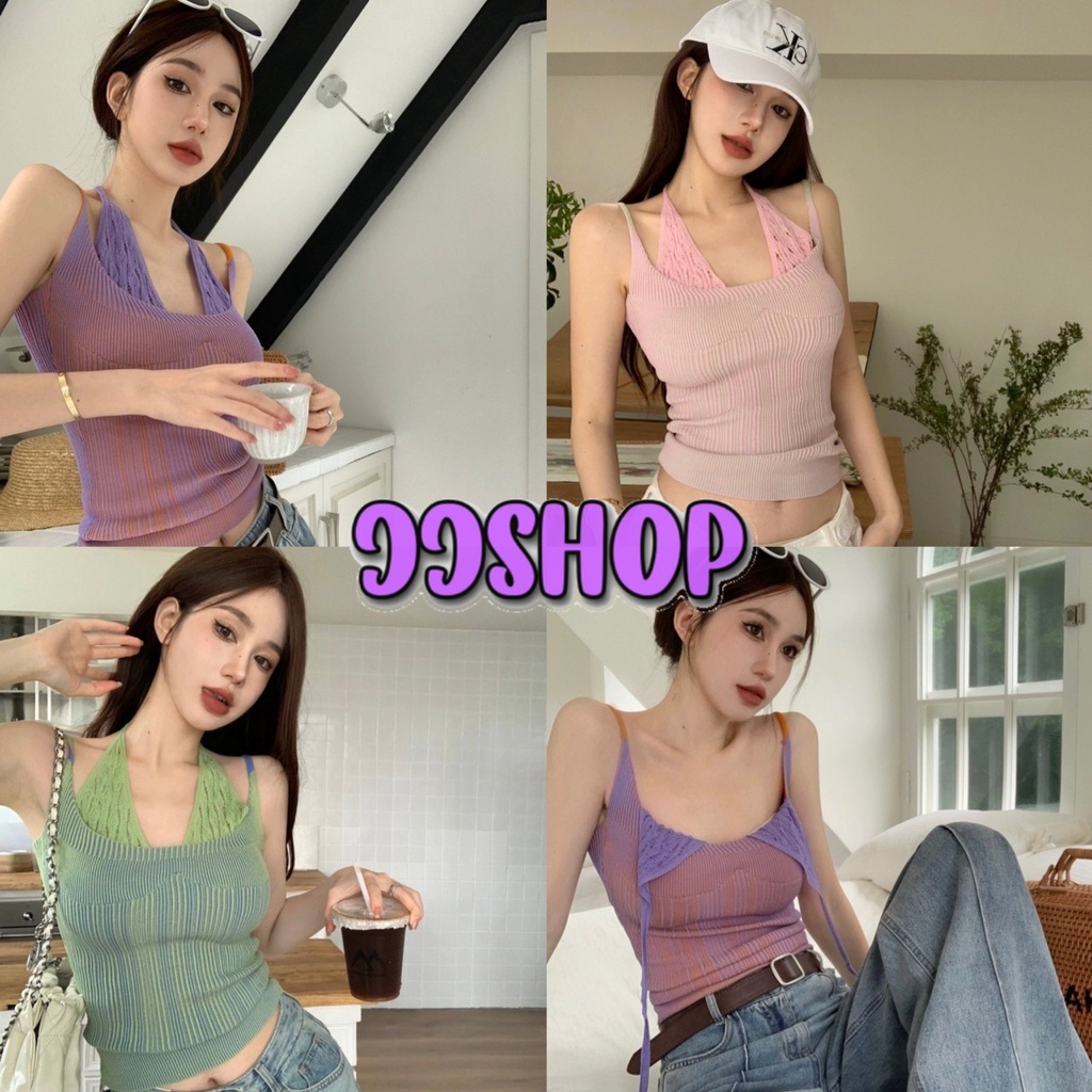 JJ Shop​ ​พร้อมส่ง เสื้อสายเดี่ยวไหมพรม เพิ่มสายคล้องคอ "M5338"