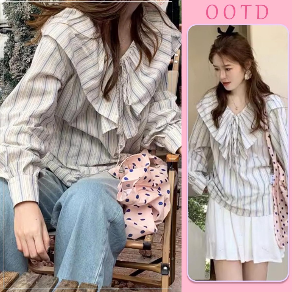 KOKO W277 เสื้อเชิ้ตแฟชั่น เสื้อน่ารักคอวีแขนยาวลายทางสีน้ำเงินและสีขาวของญี่ปุ่น สไตล์เกาหลี สำหรับผู้หญิง