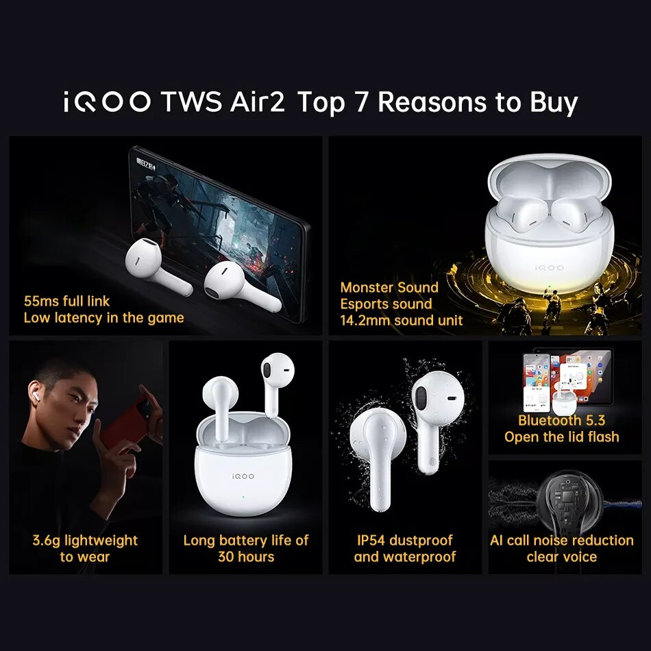 Vivo IQOO TWS Air 2 TWS หูฟังบลูทูธไร้สาย 5.3 AI ตัดเสียงรบกวน แบตเตอรี่ 30 ชั่วโมง สําหรับ IQOO 11S