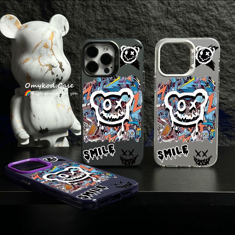 Ready Stock Compatible For iPhone 15 14 13 11 12 Pro Max 8 7 Plus iPhone X Xr Xs Max Cartoon Bear Advanced Frosting Letter Lens Frame Anti Drop Phone Case Protection Back Cover
