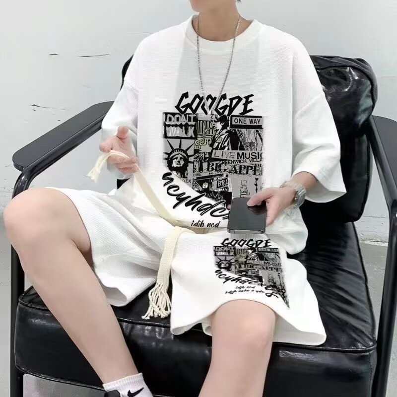 ชุดกีฬา เสื้อยืด แขนสั้น กางเกงขาสั้น ผ้าเรยอน วาฟเฟิล โอเวอร์ไซซ์ แฟชั่นฤดูร้อน สําหรับเด็กผู้ชาย
