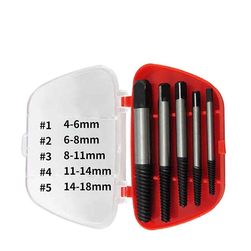 ชุดดอกต๊าปถอดเกลียวซ้าย 5 ชิ้น ขนาด 4-10 mm พร้อมกล่องพลาสติก ถอนน็อต สกรู หักคารู