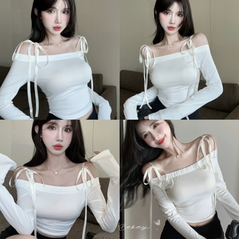 (พร้อมส่งด่วนจากกรุงเทพ ) เสื้อยืดแขนยาวมาใหม่ เสื้อสตรีเปิดไหล่สีทึบเข้ารูปพอดีตัว Z025