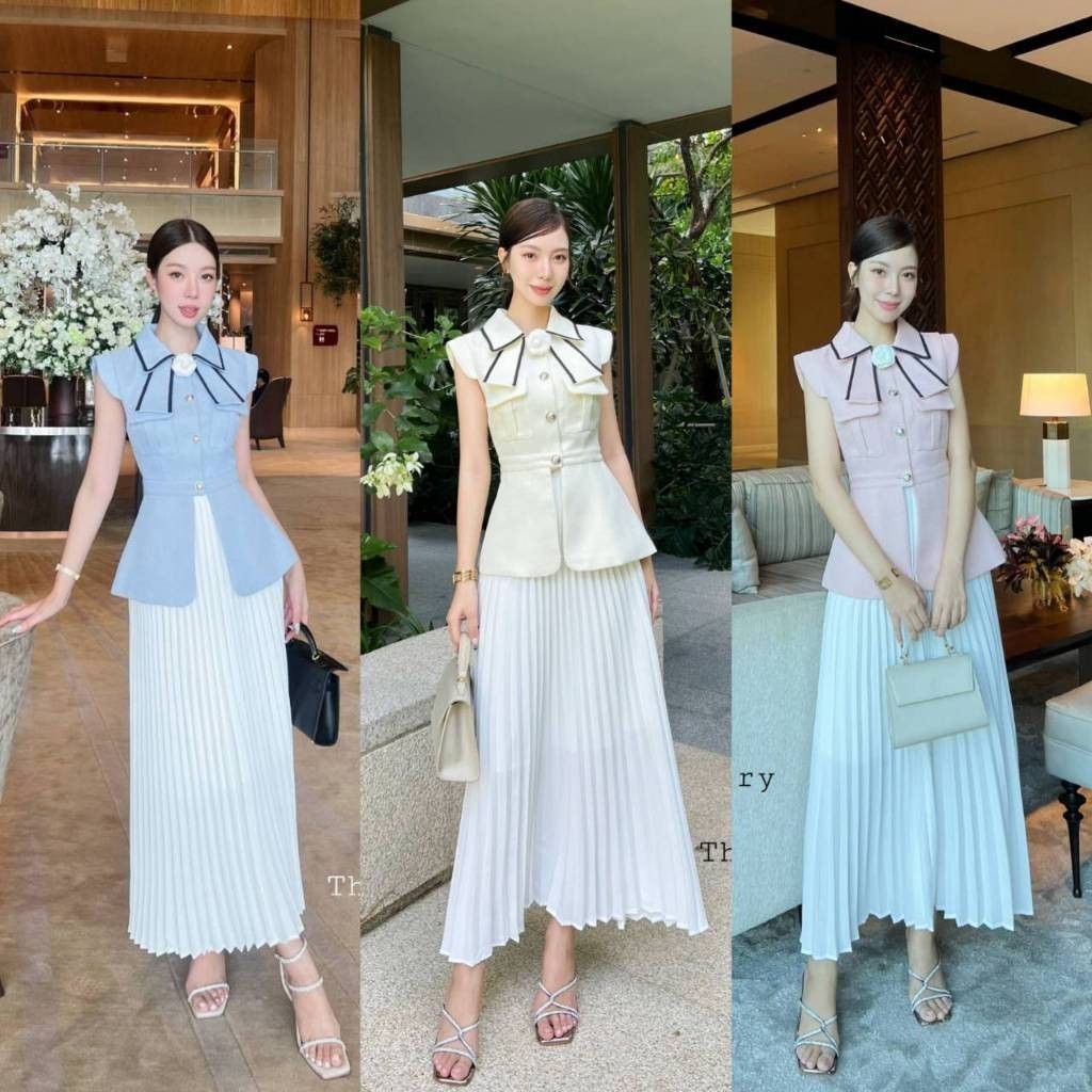 Hiso l (พร้อมส่ง) The Gallery9 เซ็ต3ชิ้นเสื้อและกระโปรงอัดพลีตพร้อมเข็มกลัดดอกไม้เข้าชุด  H.closet