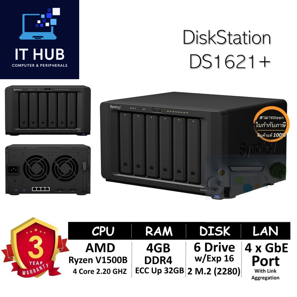 Synology NAS DiskStation รุ่น DS1621+ (HDD 6 Bay w/Exp 16 Drive + 2 M.2, Quad Core 2.2 GHz, 4GB DDR4
