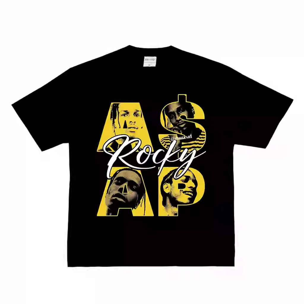 ASAP Rocky สไตล์อเมริกันคอเล็ก Retro Street Instagram เสื้อยืดแขนผ้าฝ้ายสุดฮอต Hipster คุณภาพสูงS-5X