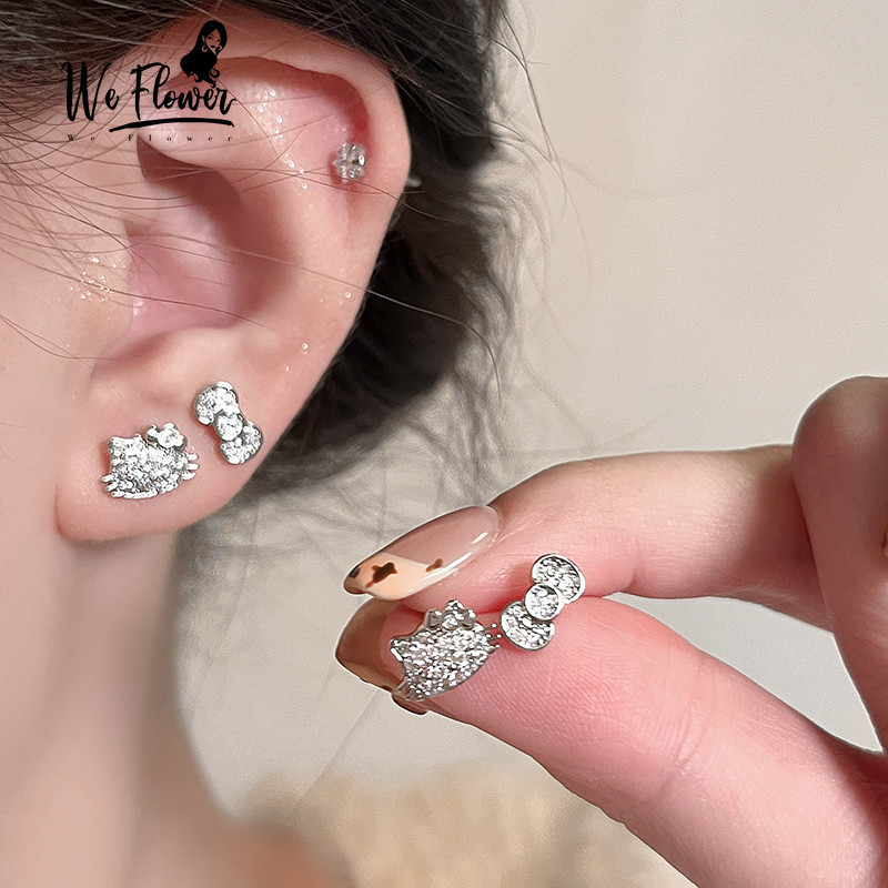 เราดอกไม้เกาหลีส925เงินประกายคริสตัลคิตตี้แมวสกรูต่างหูสําหรับผู้หญิงสาวเจาะหูกระดุมเครื่องประดับ