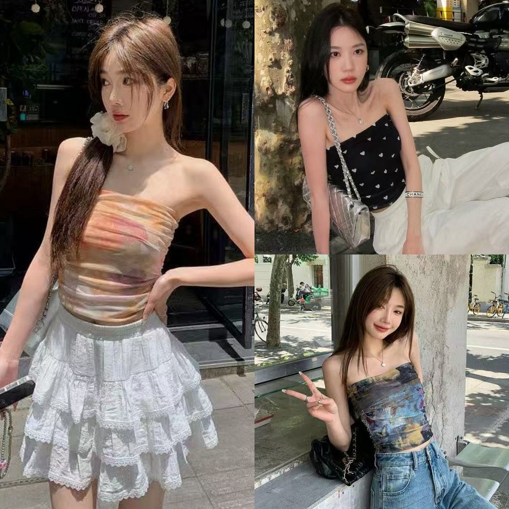 🍎Evelyn🍎​เสื้อเกาะอก ผ้าชีฟองน้ำ มีฟองน้ำ มินิมอนสไตล์ เสื้อครอป ลวดลายสวยน่ารักใส่สบาย พร้อมส่ง