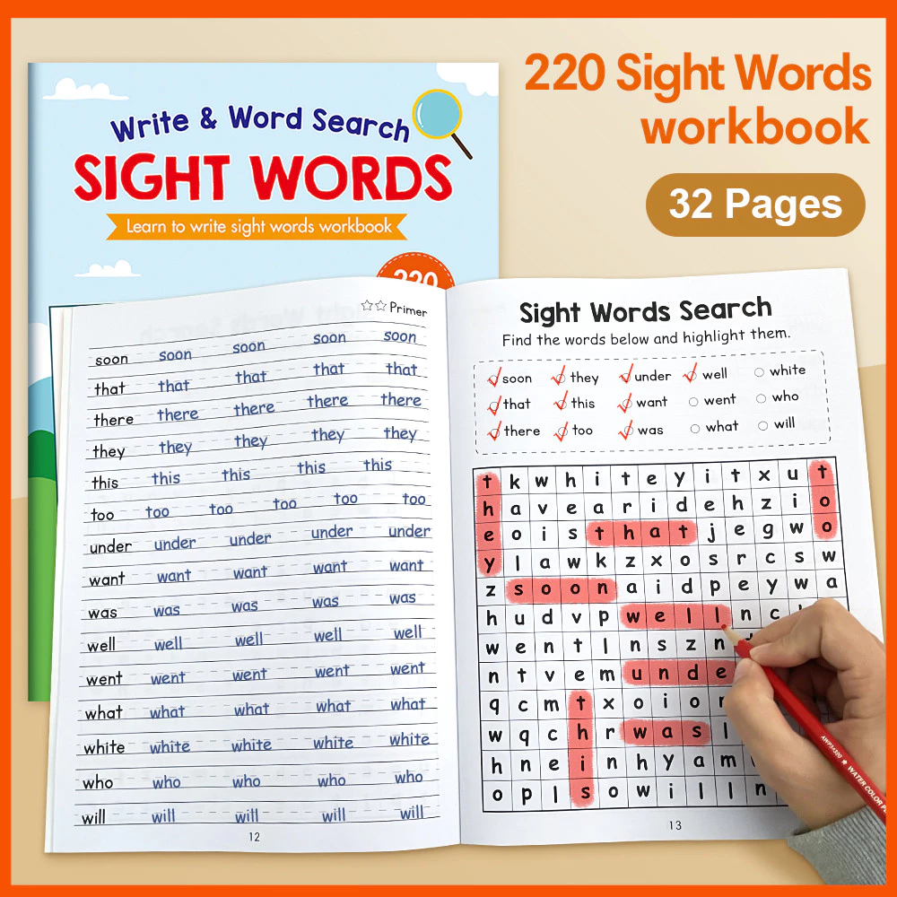 220 High Frequency Sight Words Workbook Word Search & Handwriting Practice Learning Book for Kindergarten Homeschool
