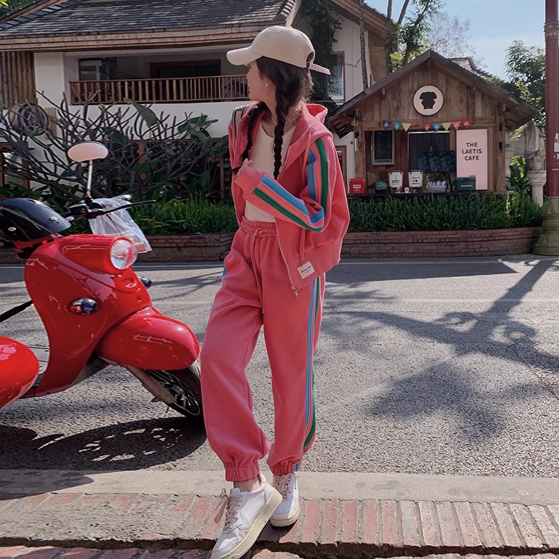 Set Oversize(40-150กก.) แขนยาวสีชมพูคาร์ดิแกนHoodieเสื้อกันหนาวเอวยางยืดJoggerกางเกงPlusขนาดกีฬาชุดลําลองสวมใส่แฟชั่นเกาหลี