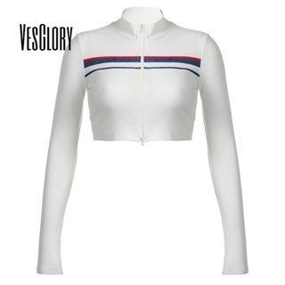 Vesglory เสื้อครอปท็อปแขนยาว คอกลม เข้ารูป สีพื้น แฟชั่นสําหรับผู้หญิง 2023