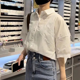 [HSNE] เสื้อเชิ้ตแขนยาวลําลอง ทรงหลวม สีพื้น แฟชั่นสําหรับสตรี