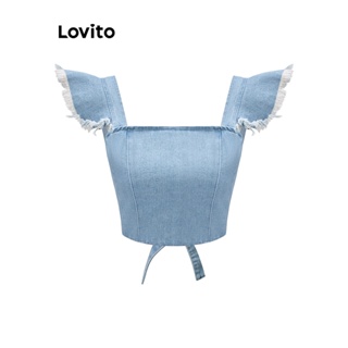 Lovito เสื้อยีนลําลอง แบบผูกเชือกด้านหลัง สีพื้น สําหรับผู้หญิง L61AD147 (สีฟ้า)