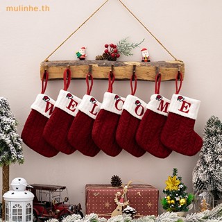 ถุงเท้า พิมพ์ลายตัวอักษร MULINHE Merry Christmas สีแดง สําหรับตกแต่งบ้าน ต้นคริสต์มาส