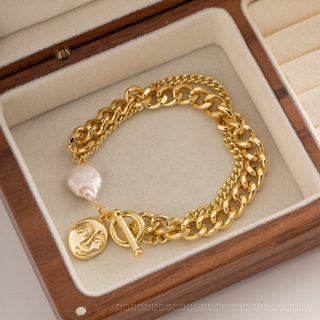 0906LSSP Cross-Border Ins Style Simple Baroque Freshwater Pearl Head Pendant Bracelet Copper Plating 18K Real Gold Bracelet HEPS