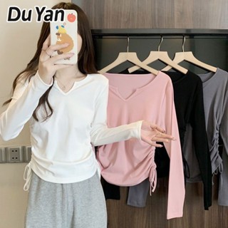 Du Yan ใหม่ เสื้อยืดลําลอง แขนยาว คอวี ทรงสลิม มีเชือกผูก สไตล์เกาหลี สําหรับสตรี