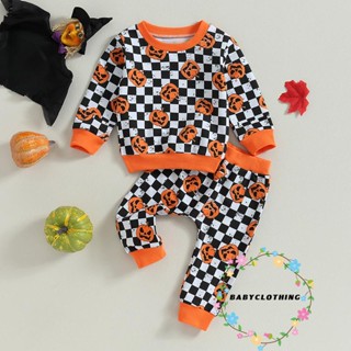 Babyclothes- เสื้อแขนยาว คอกลม แบบสวมหัว พิมพ์ลายสก๊อตฟักทอง และกางเกง สําหรับเด็กผู้ชาย 2 ชิ้น