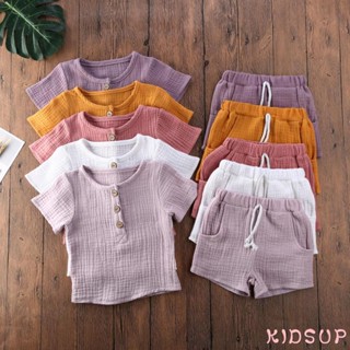 Kidsup1- ชุดเสื้อคอกลม แขนสั้น กระดุม และกางเกงขาสั้น สีพื้น น่ารัก สําหรับเด็ก