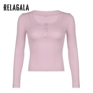 Relagala ใหม่ เสื้อยืดลําลอง แขนสั้น คอยู เข้ารูป ปักลายลูกไม้ สีพื้น สําหรับสตรี 2023