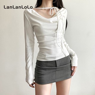 Lanlanlolo เสื้อท็อปส์ลําลอง แขนยาว คอวี เข้ารูป สีพื้น เซ็กซี่ แฟชั่นสําหรับสตรี 2023