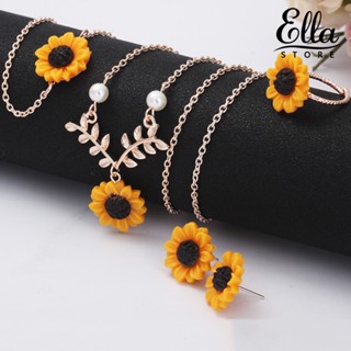 Ellastore123 สร้อยคอ ต่างหู แหวน สร้อยข้อมือ จี้ดอกทานตะวัน เครื่องประดับแฟชั่น 5 ชิ้น ต่อชุด