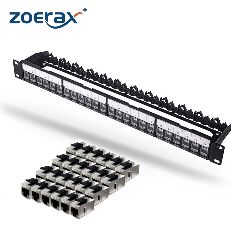 Zoerax แผงแพทช์ RJ45 24 พอร์ต พร้อมแจ็คชัตเตอร์ สําหรับแจ็คคีย์สโตน คีย์สโตน