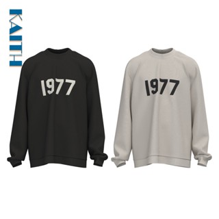 พร้อมส่ง เสื้อกันหนาวแขนยาว คอกลม ทรงหลวม พิมพ์ลาย Flocking 1977 ขนาดใหญ่ สีพื้น สไตล์เกาหลี ฮิปฮอป แฟชั่นสําหรับผู้ชาย และผู้หญิง