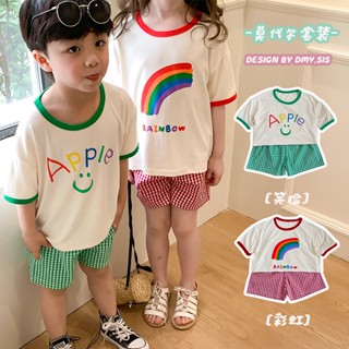 เสื้อยืดแขนสั้น กางเกงขาสั้น ลายสก๊อต สีนู้ด สไตล์เกาหลี แฟชั่นฤดูร้อน สําหรับเด็ก 2 ชิ้น