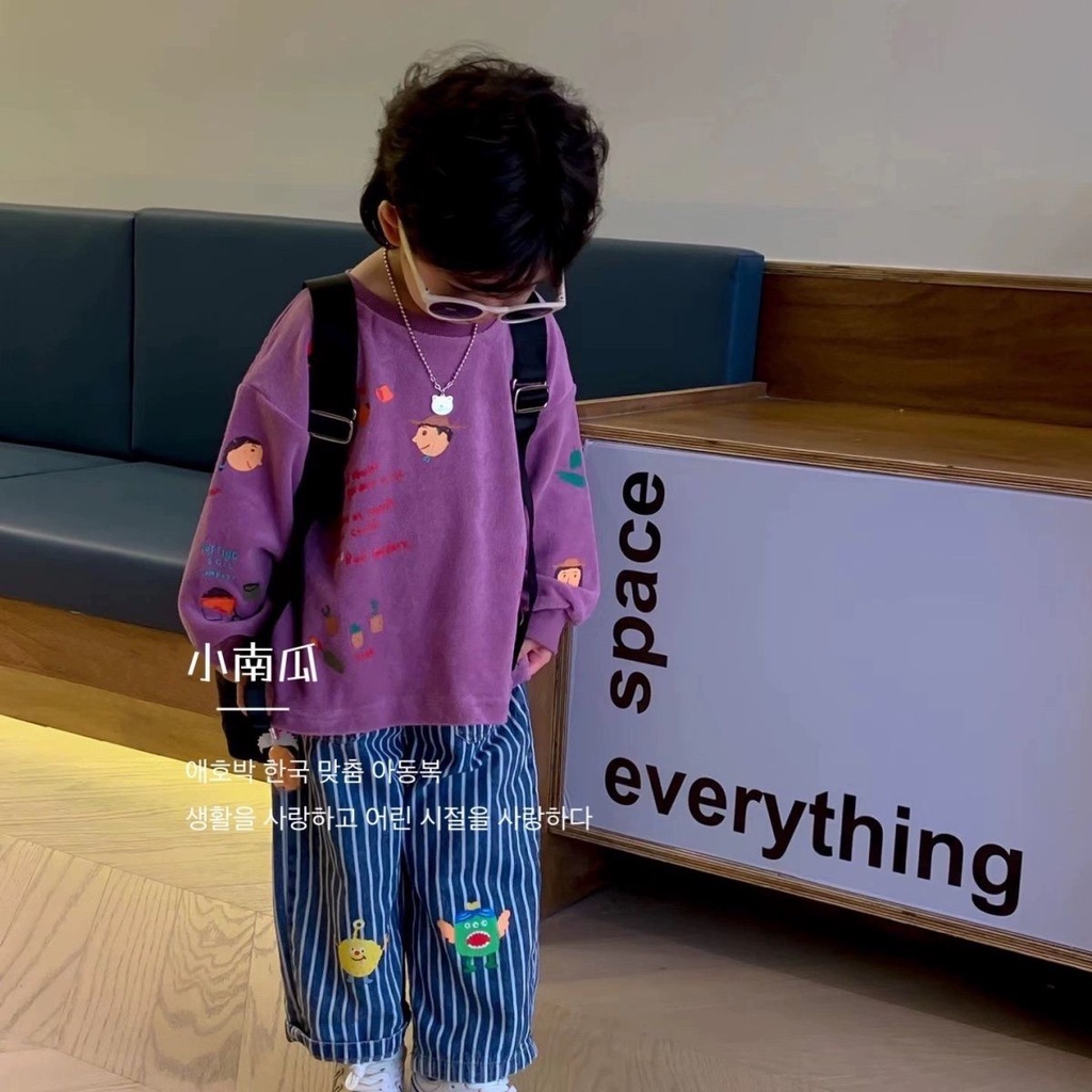 2.3 เสื้อผ้าเด็กเกาหลี ชุดเด็ก ฤดูใบไม้ร่วง สไตล์ใหม่ เด็กผู้ชาย เด็กผู้หญิง เสื้อกันหนาว การ์ตูน แฟชั่น ลายทาง กางเกง สองชิ้น อินเทรนด์