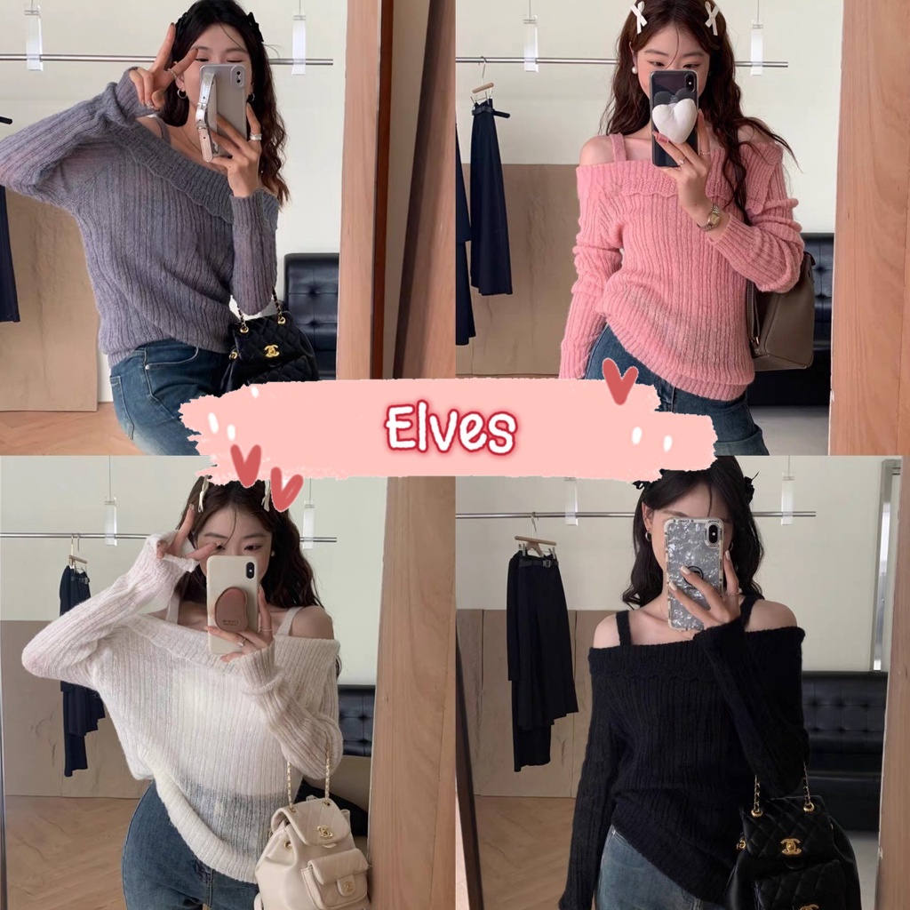 Elves พร้อมส่ง เสื้อไหมพรมเปิดไหล่ ดีเทลสายเดี่ยว แขนยาวสีพาสเทลสดใส ~F887~ -C