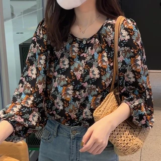 ทพร้อมส่ง！เสื้อเชิ้ตแขนยาวลายดอก ผ้าชีฟองทรงหลวม สไตล์เกาหลี ฝรั่งเศส พลัสไซส์ เหมาะใส่วันสงกรานต์ ผ้าเบาสบาย