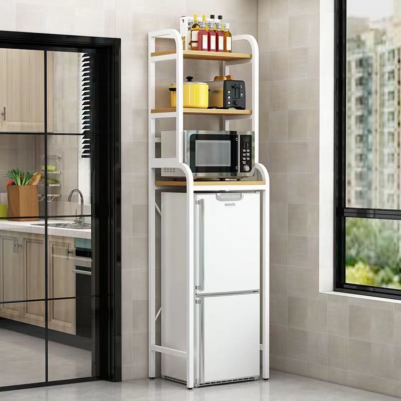 ชั้นวางตู้เย็นสำหรับห้องครัวในบ้านเตาอบไมโครเวฟแบบตั้งพื้นการจัดเก็บข้อมูลหลายชั้นและชั้นวางองค์กร
