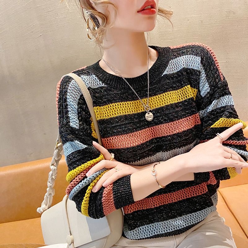 เสื้อยืด ผ้าถักโครเชต์ ลายทาง ทรงหลวม สไตล์เกาหลี 2000s สําหรับผู้หญิง 2023