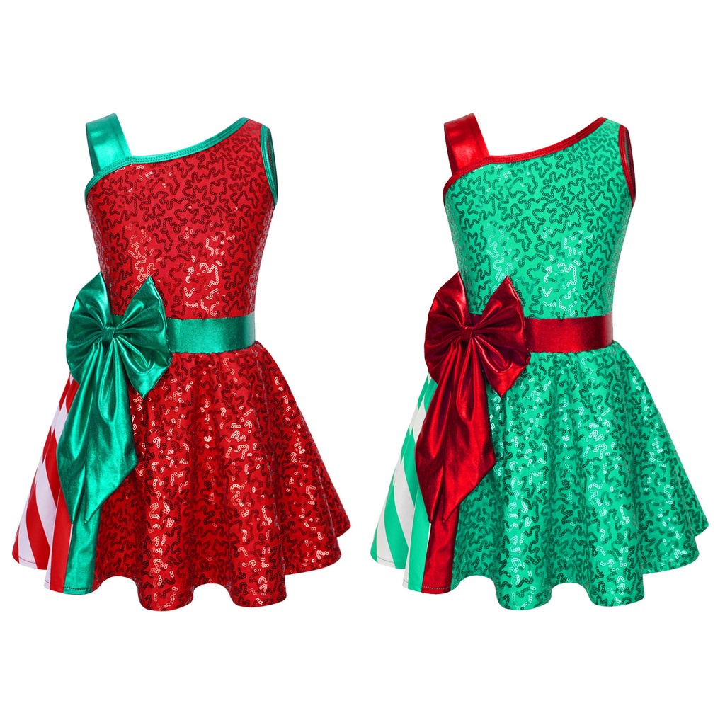 เด็กผู้หญิง All-over เงาเลื่อมคริสต์มาส Dress Up Jumpsuit ไหล่ไม่สมมาตร Big Bow Stripe Patchwork เครื่องแต่งกาย
