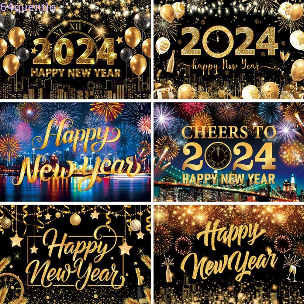 Quentin 2024 ลูกโป่งแบนเนอร์ ลาย Happy New Year สีดํา ทอง สําหรับตกแต่งพื้นหลัง ปาร์ตี้ปีใหม่ 2024